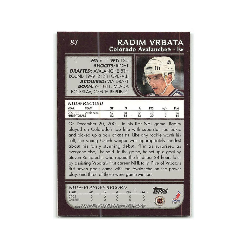 Radim Vrbata 2002 Topps #83 Colorado Avalanche Hockey Card NM