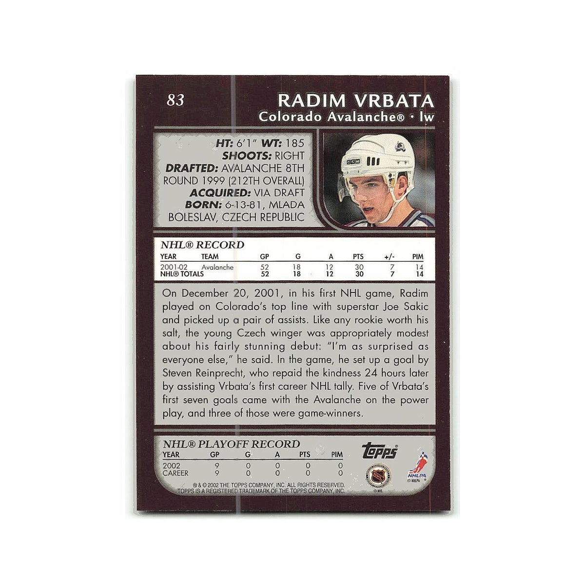 Radim Vrbata 2002 Topps #83 Colorado Avalanche Hockey Card NM
