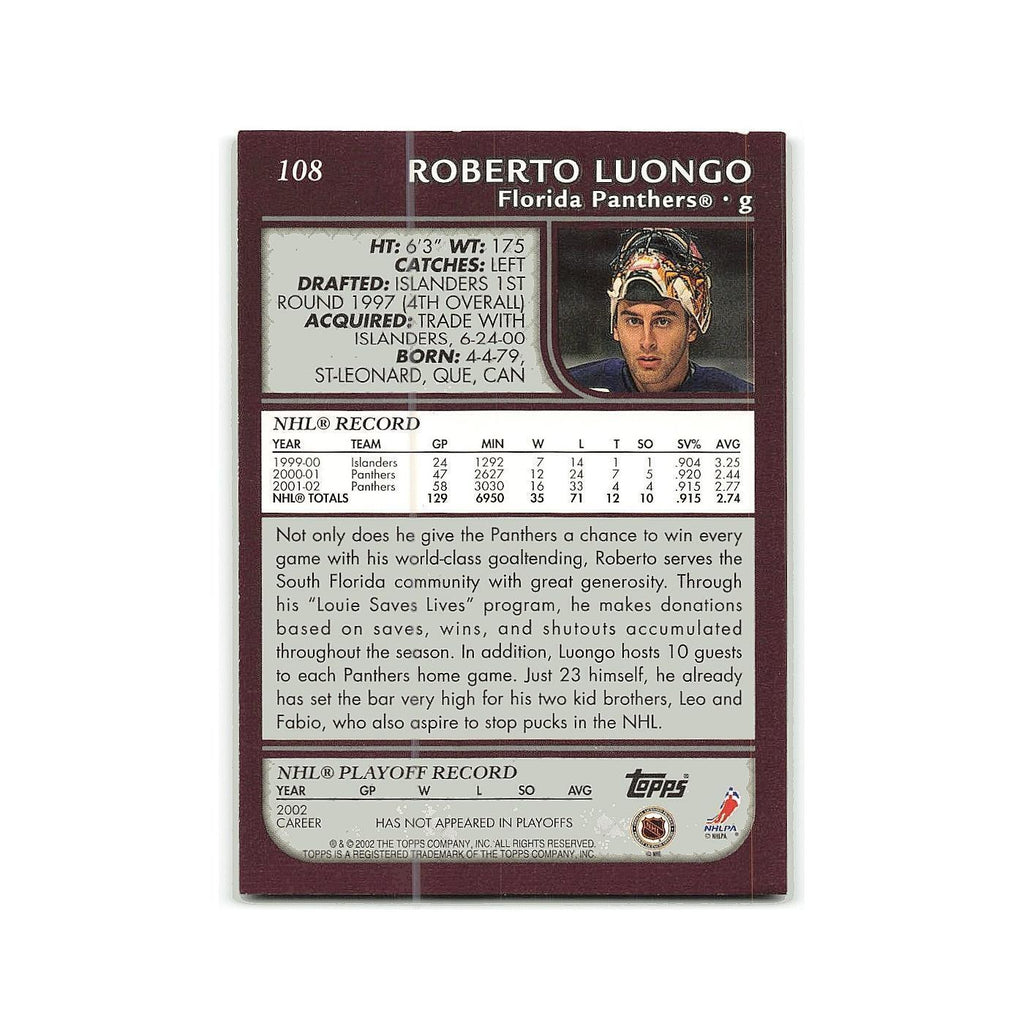 Roberto Luongo 2002 Topps #108 Florida Panthers Hockey Card NM