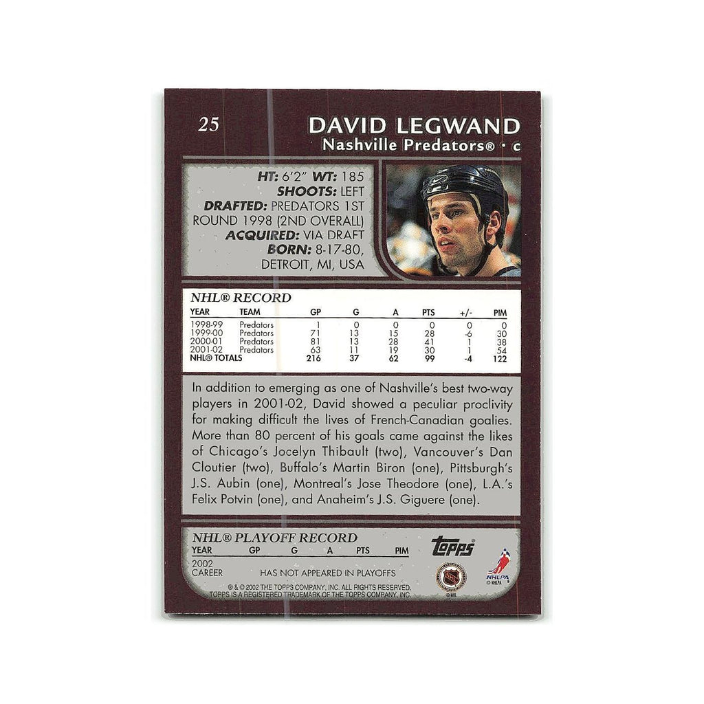 David Legwand 2002 Topps #25 Nashville Predators Hockey Card NM