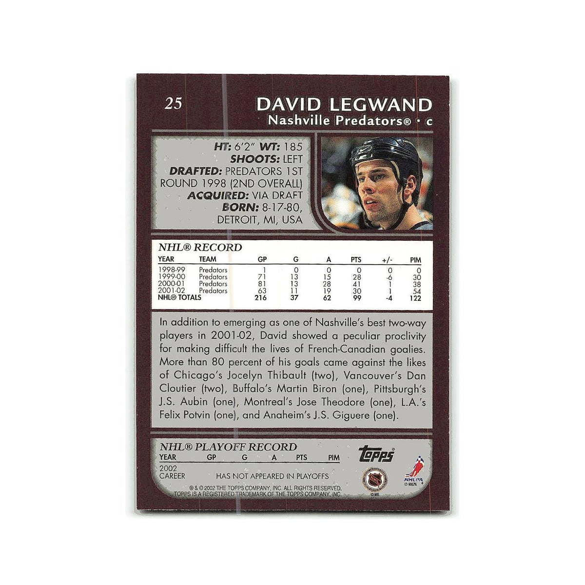 David Legwand 2002 Topps #25 Nashville Predators Hockey Card NM