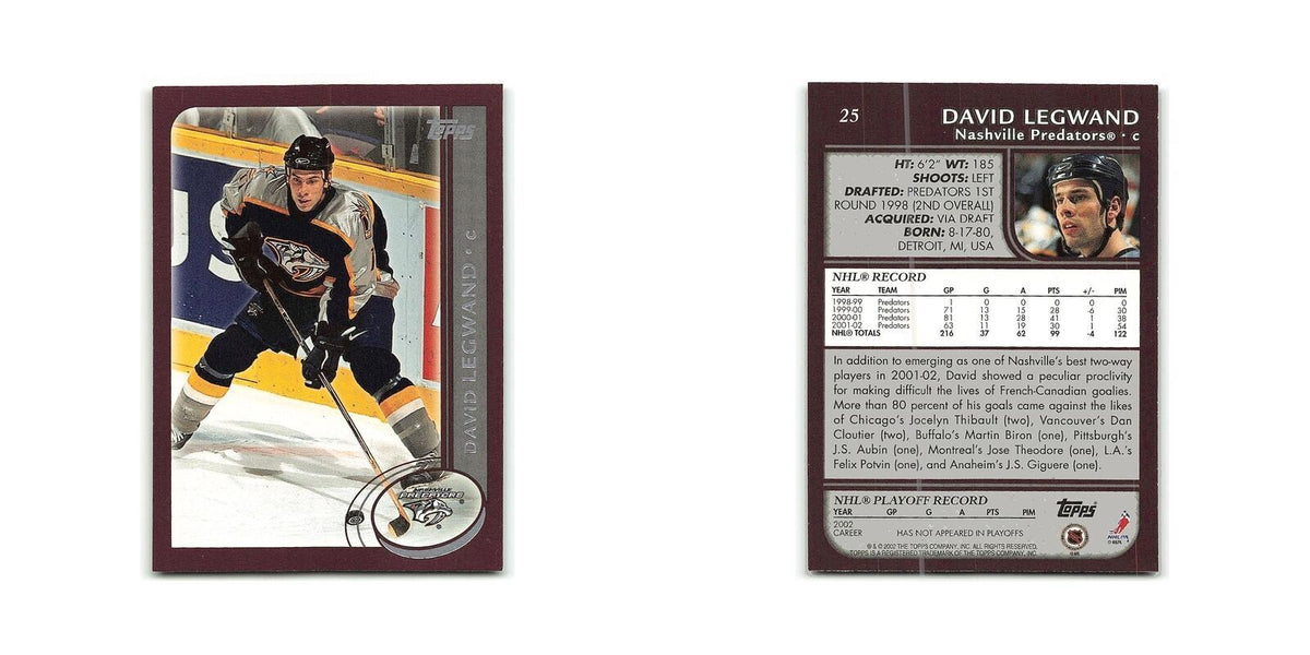 David Legwand 2002 Topps #25 Nashville Predators Hockey Card NM
