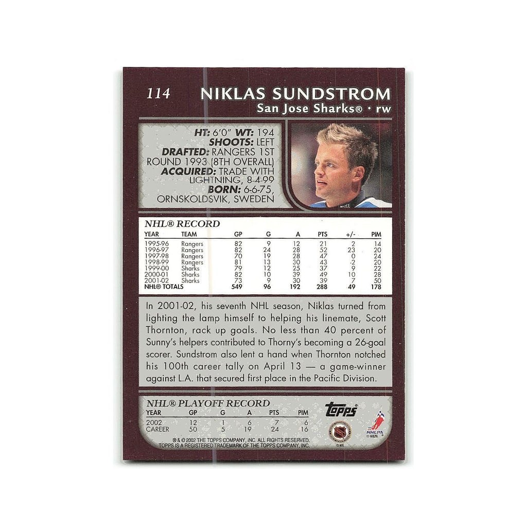 Niklas Sundstrom 2002 Topps #114 San Jose Sharks Hockey Card NM
