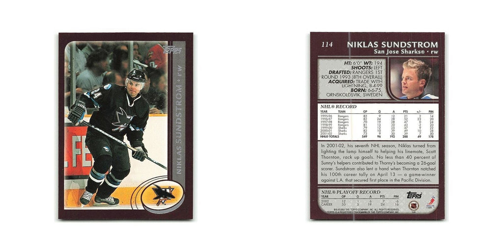 Niklas Sundstrom 2002 Topps #114 San Jose Sharks Hockey Card NM