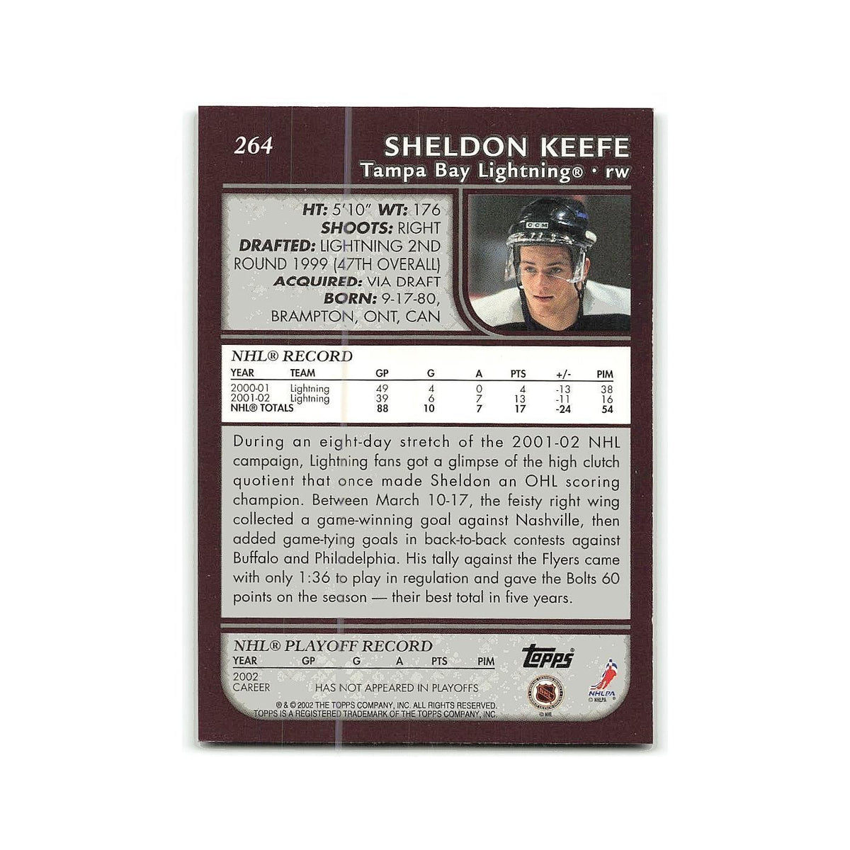 Sheldon Keefe 2002 Topps #264 Tampa Bay Lightning Hockey Card NM