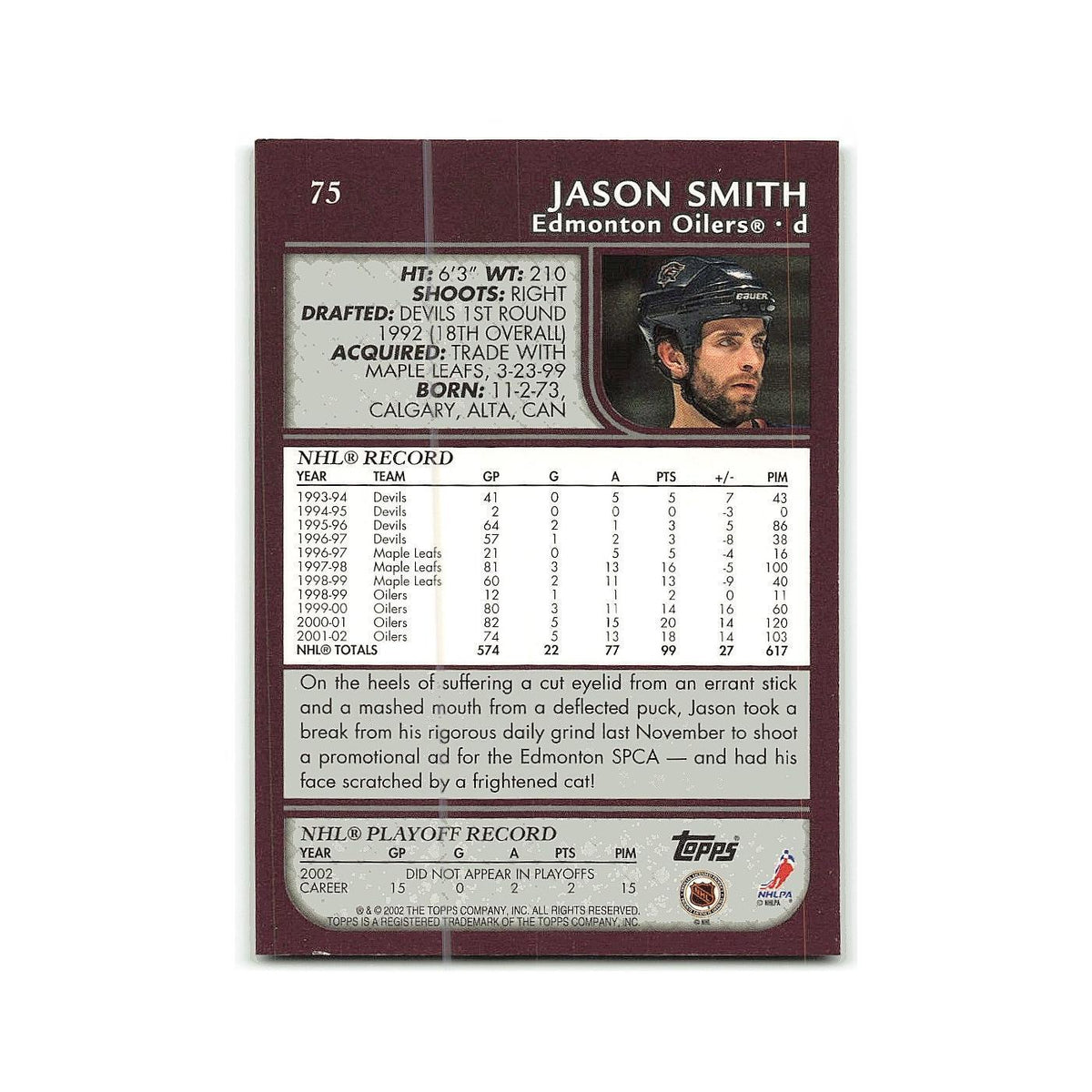 Jason Smith 2002 Topps #75 Edmonton Oilers Hockey Card NM