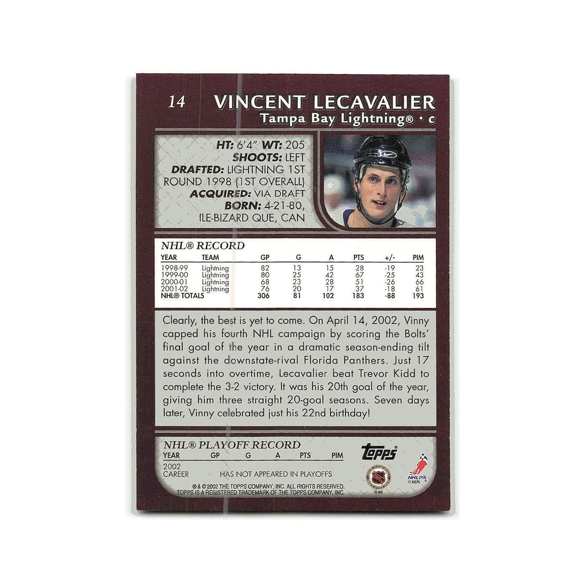 Vincent Lecavalier 2002 Topps #14 Tampa Bay Lightning Hockey Card NM