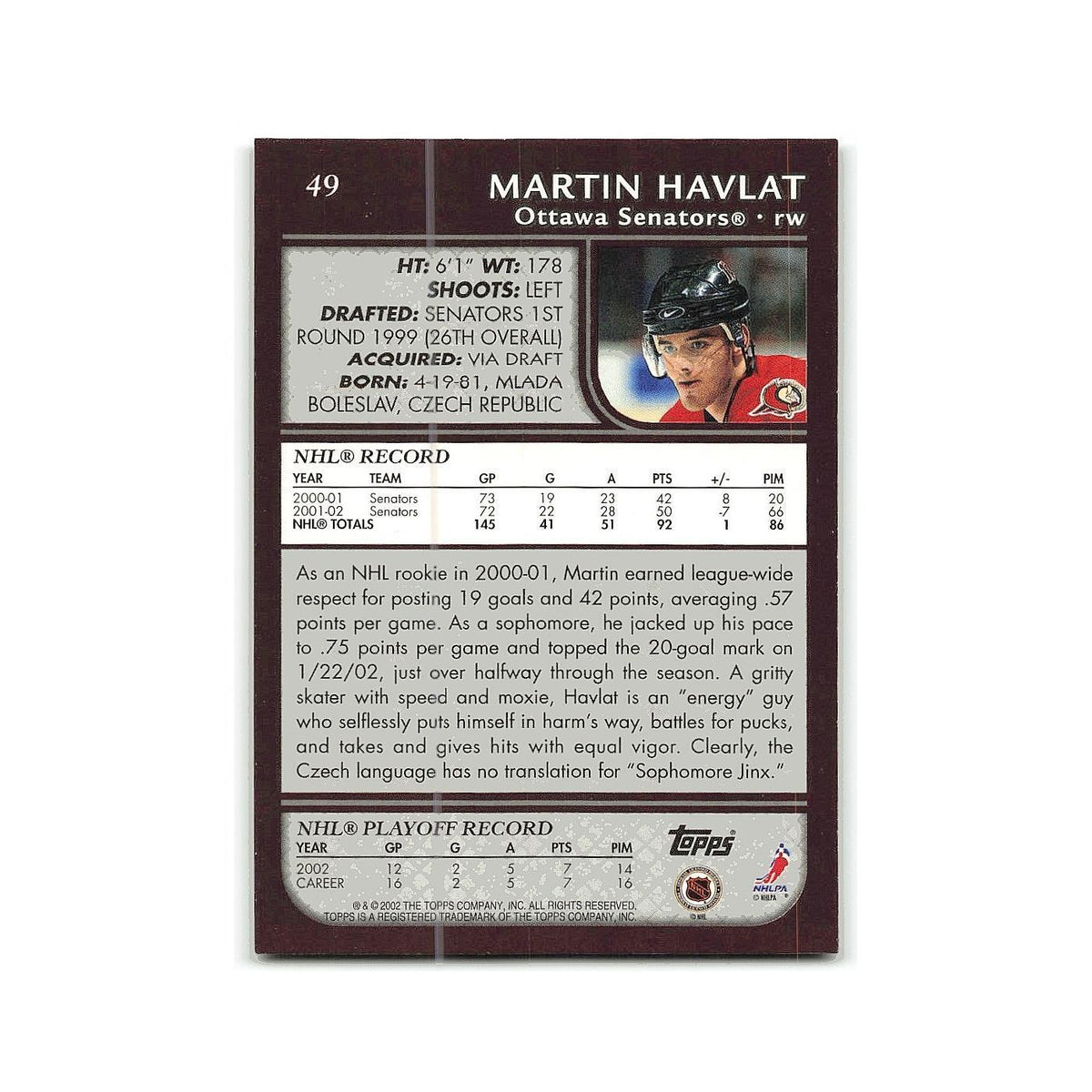 Martin Havlat 2002 Topps #49 Ottawa Senators Hockey Card NM