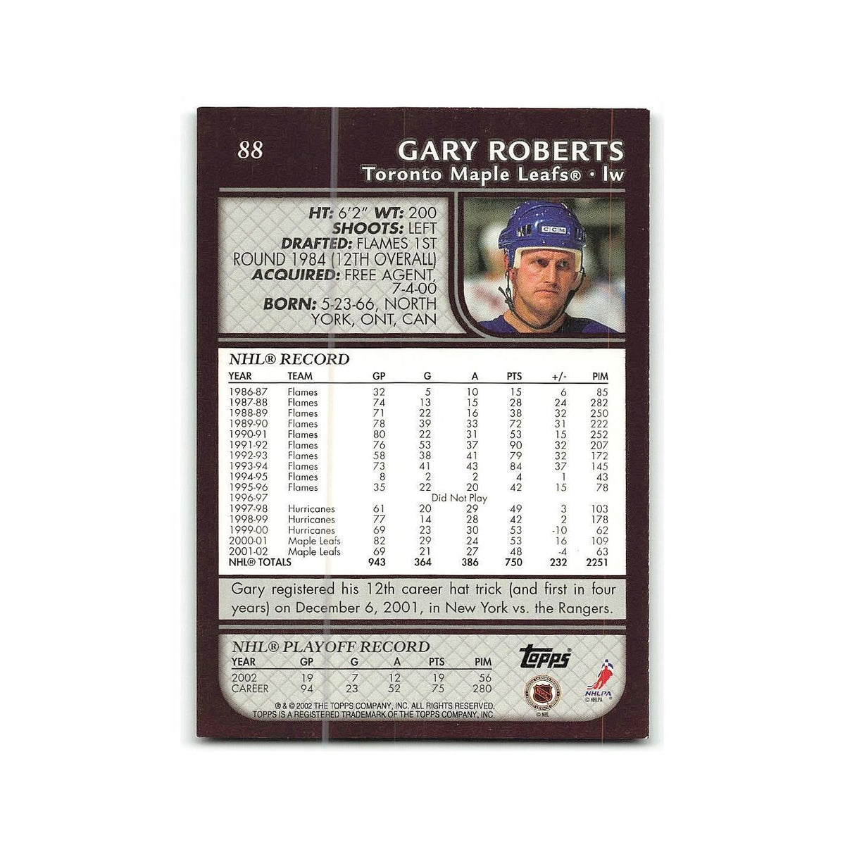 Gary Roberts 2002 Topps #88 Toronto Maple Leafs Hockey Card NM