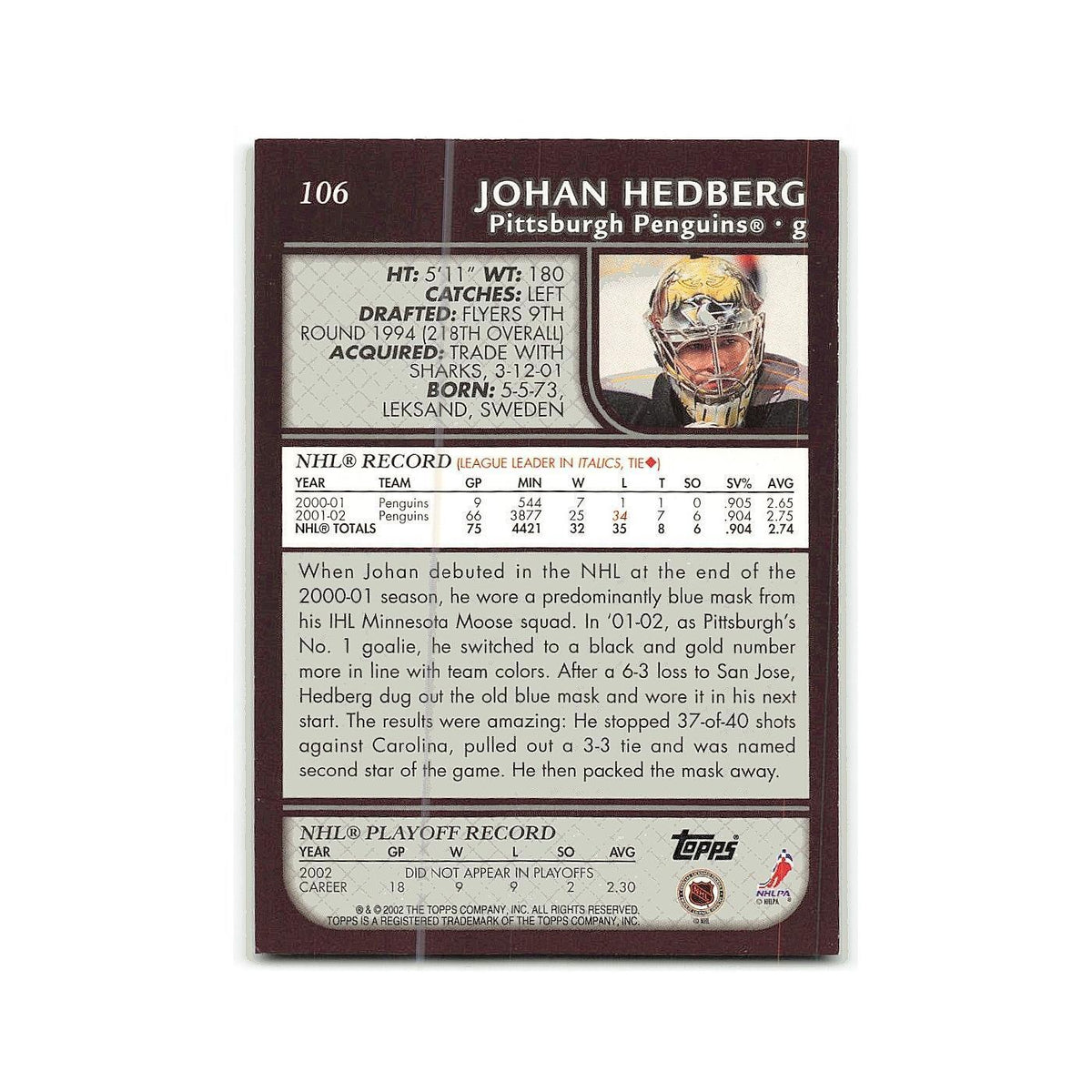 Johan Hedberg 2002 Topps #106 Pittsburgh Penguins Hockey Card NM