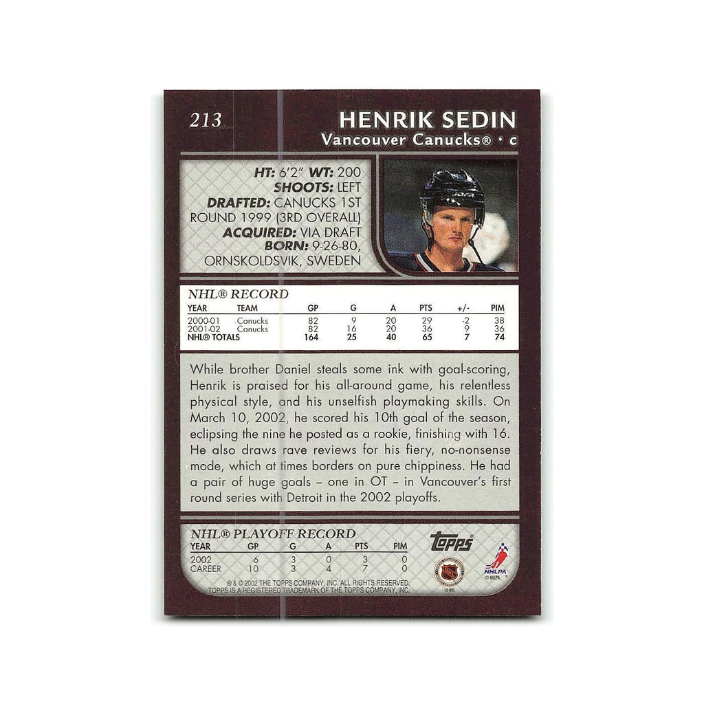 Henrik Sedin 2002 Topps #213 Vancouver Canucks Hockey Card NM