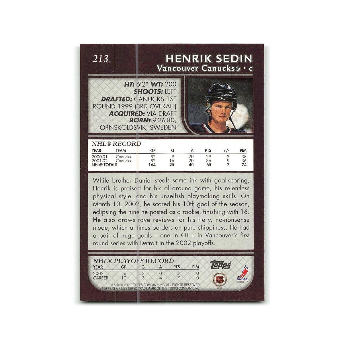 Henrik Sedin 2002 Topps #213 Vancouver Canucks Hockey Card NM