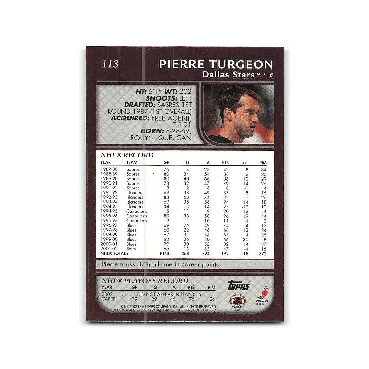 Pierre Turgeon 2002 Topps #113 Dallas Stars Hockey Card NM