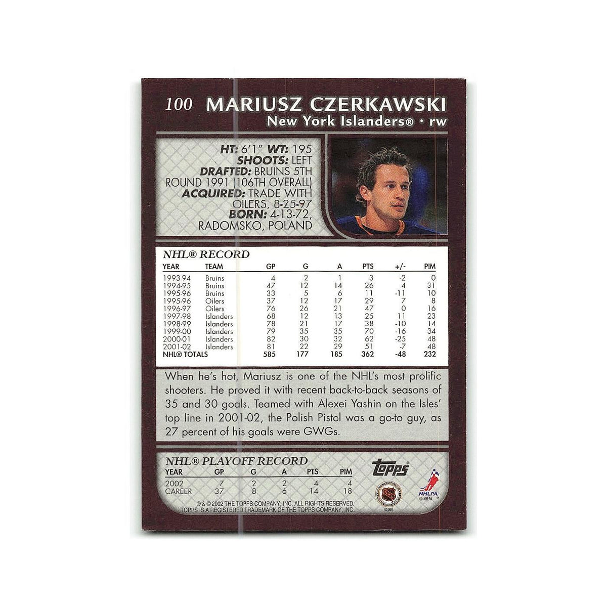 Mariusz Czerkawski 2002 Topps #100 New York Islanders Hockey Card NM