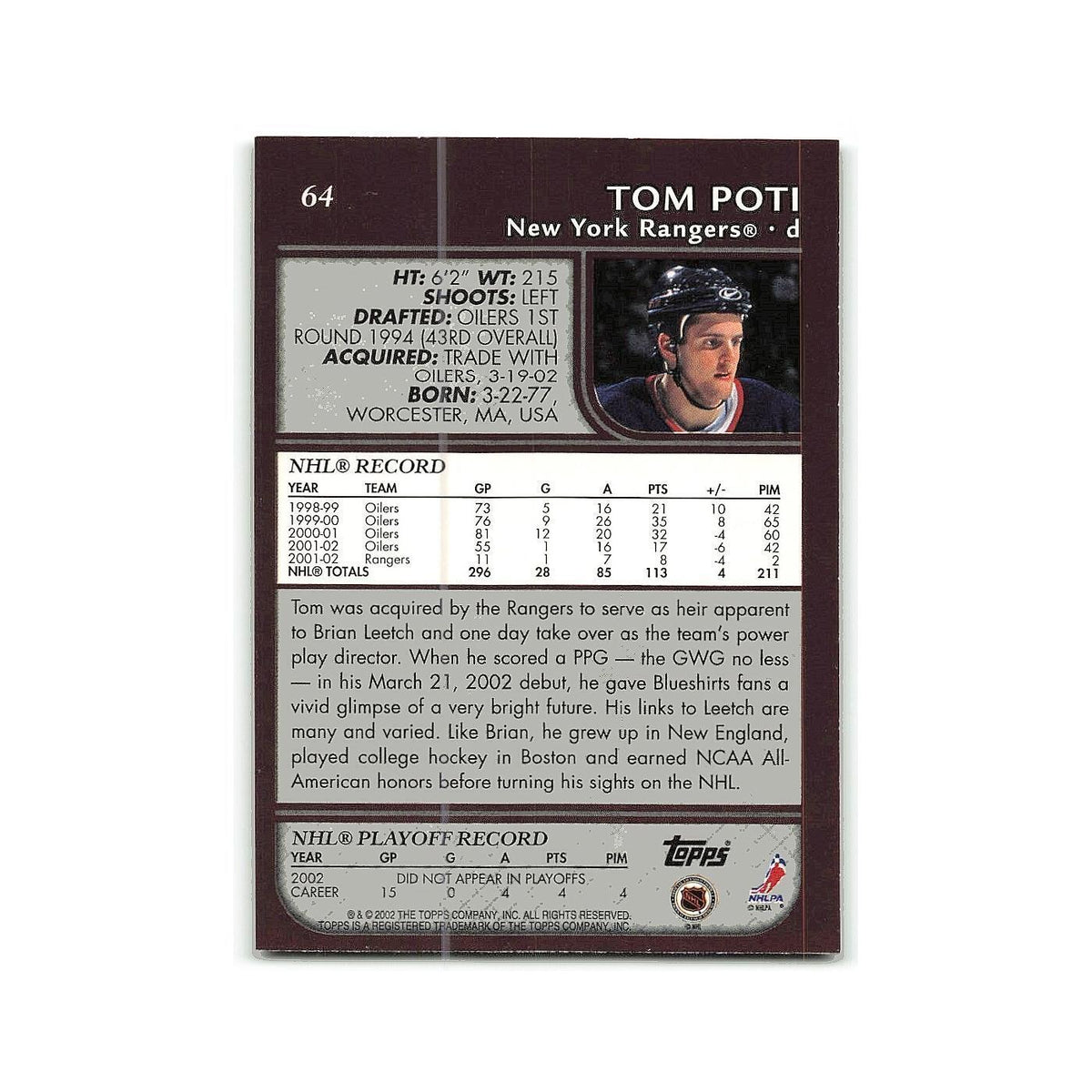 Tom Poti 2002 Topps #64 New York Rangers Hockey Card NM