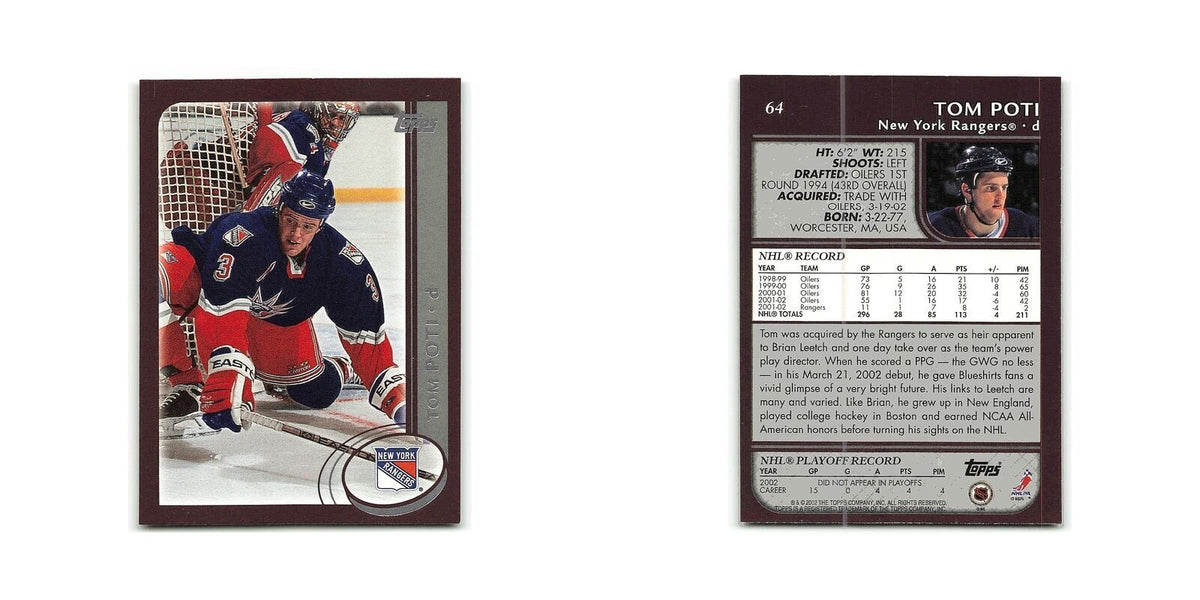 Tom Poti 2002 Topps #64 New York Rangers Hockey Card NM