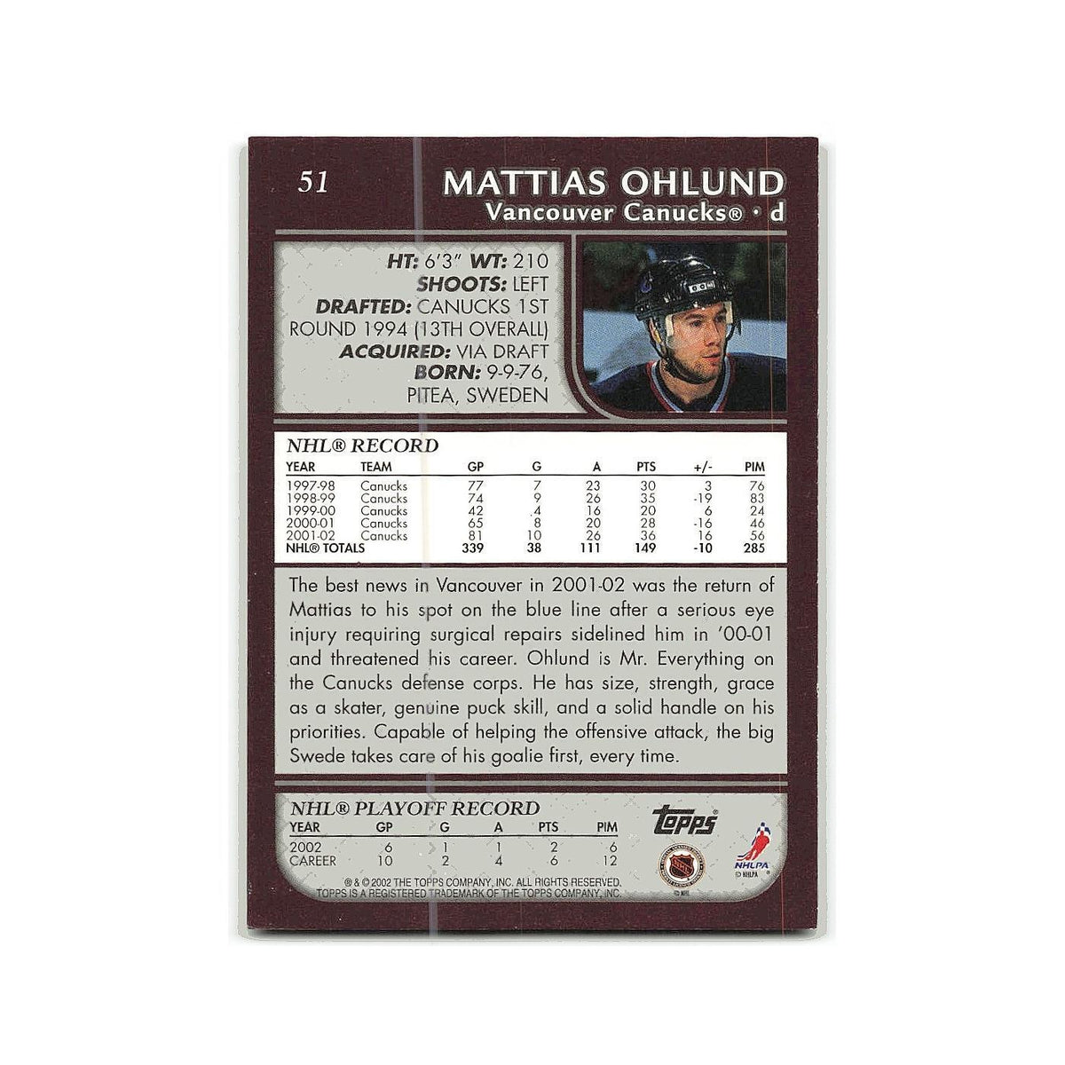 Mattias Ohlund 2002 Topps #51 Vancouver Canucks Hockey Card NM