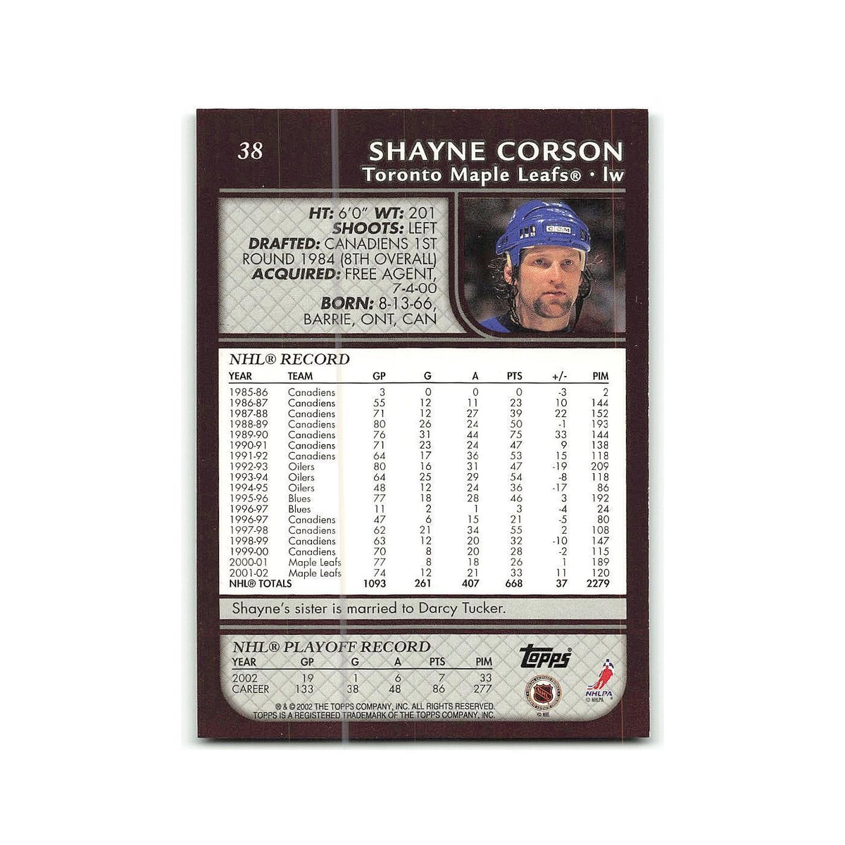 Shayne Corson 2002 Topps #38 Toronto Maple Leafs Hockey Card NM