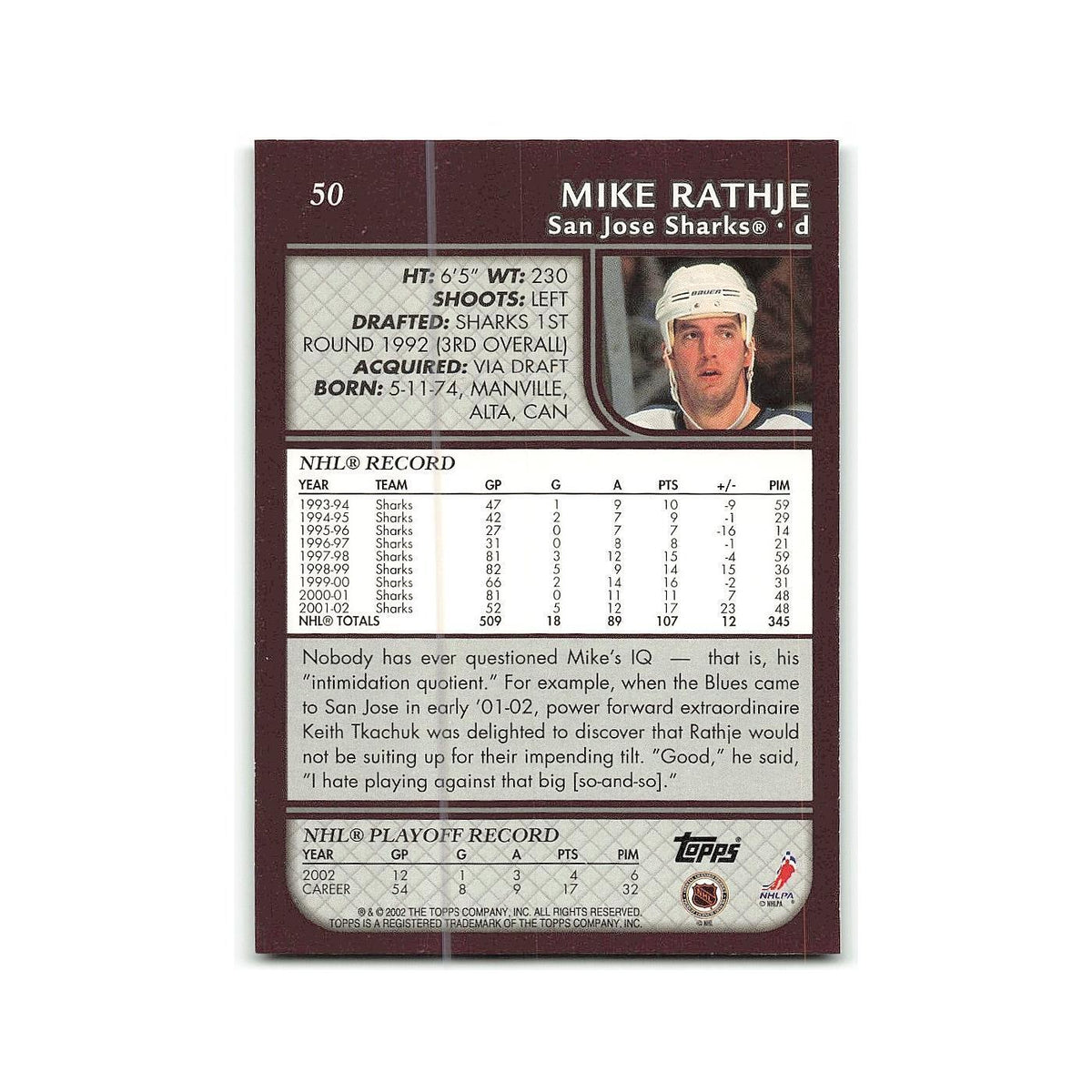 Mike Rathje 2002 Topps #50 San Jose Sharks Hockey Card NM
