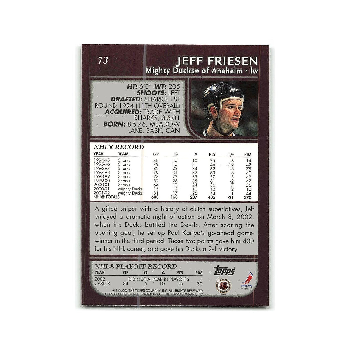 Jeff Friesen 2002 Topps #73 Anaheim Mighty Ducks Hockey Card NM