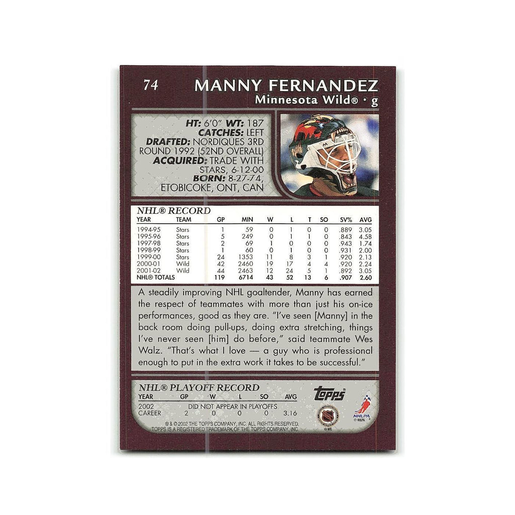 Manny Fernandez 2002 Topps #74 Minnesota Wild Hockey Card NM