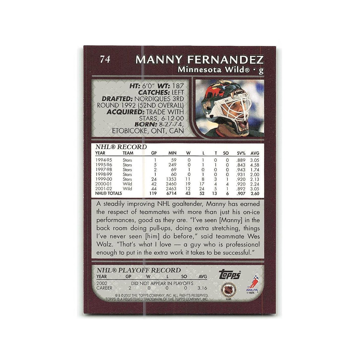 Manny Fernandez 2002 Topps #74 Minnesota Wild Hockey Card NM