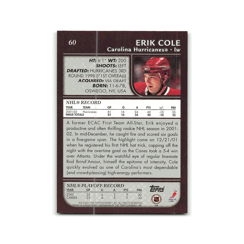 Erik Cole 2002 Topps #60 Carolina Hurricanes Hockey Card NM
