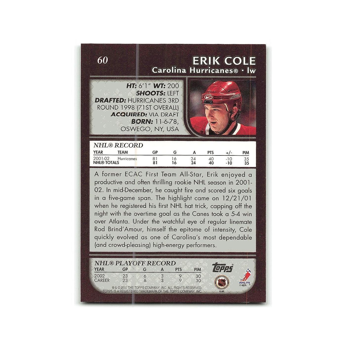 Erik Cole 2002 Topps #60 Carolina Hurricanes Hockey Card NM