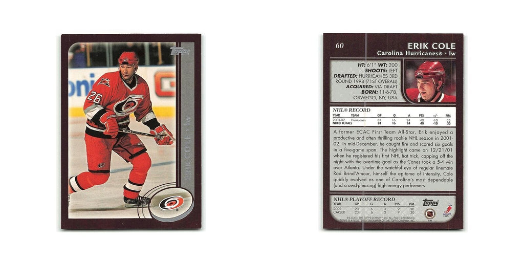 Erik Cole 2002 Topps #60 Carolina Hurricanes Hockey Card NM