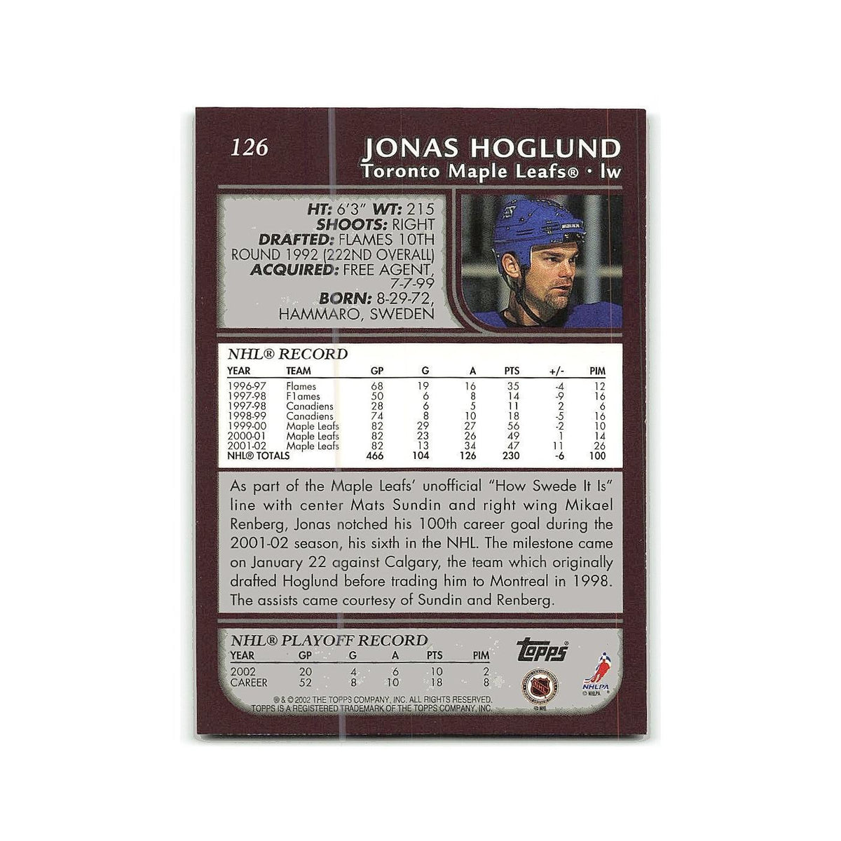 Jonas Hoglund 2002 Topps #126 Toronto Maple Leafs Hockey Card NM