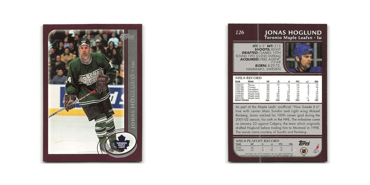 Jonas Hoglund 2002 Topps #126 Toronto Maple Leafs Hockey Card NM