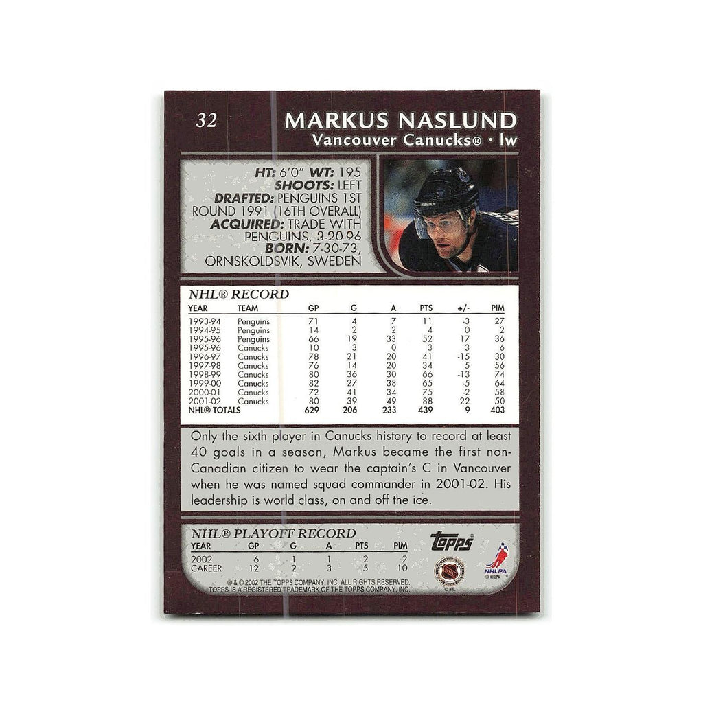 Markus Naslund 2002 Topps #32 Vancouver Canucks Hockey Card NM