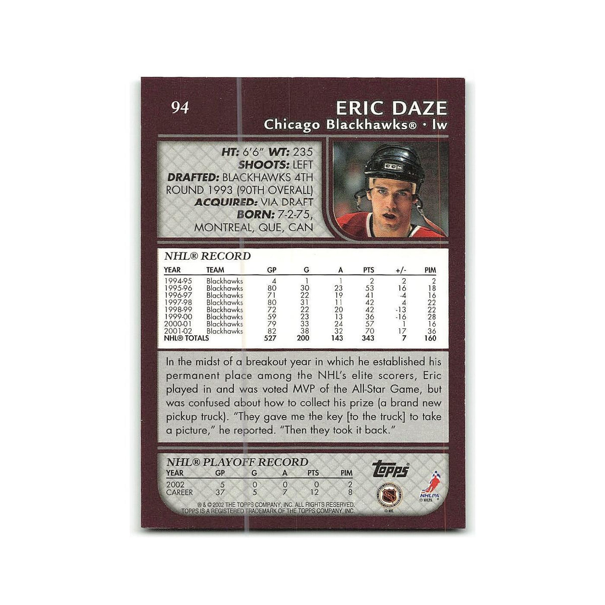Eric Daze 2002 Topps #94 Chicago Blackhawks Hockey Card NM