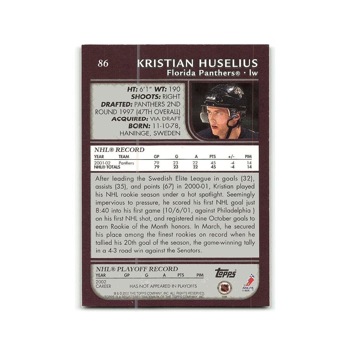 Kristian Huselius 2002 Topps #86 Florida Panthers Hockey Card NM