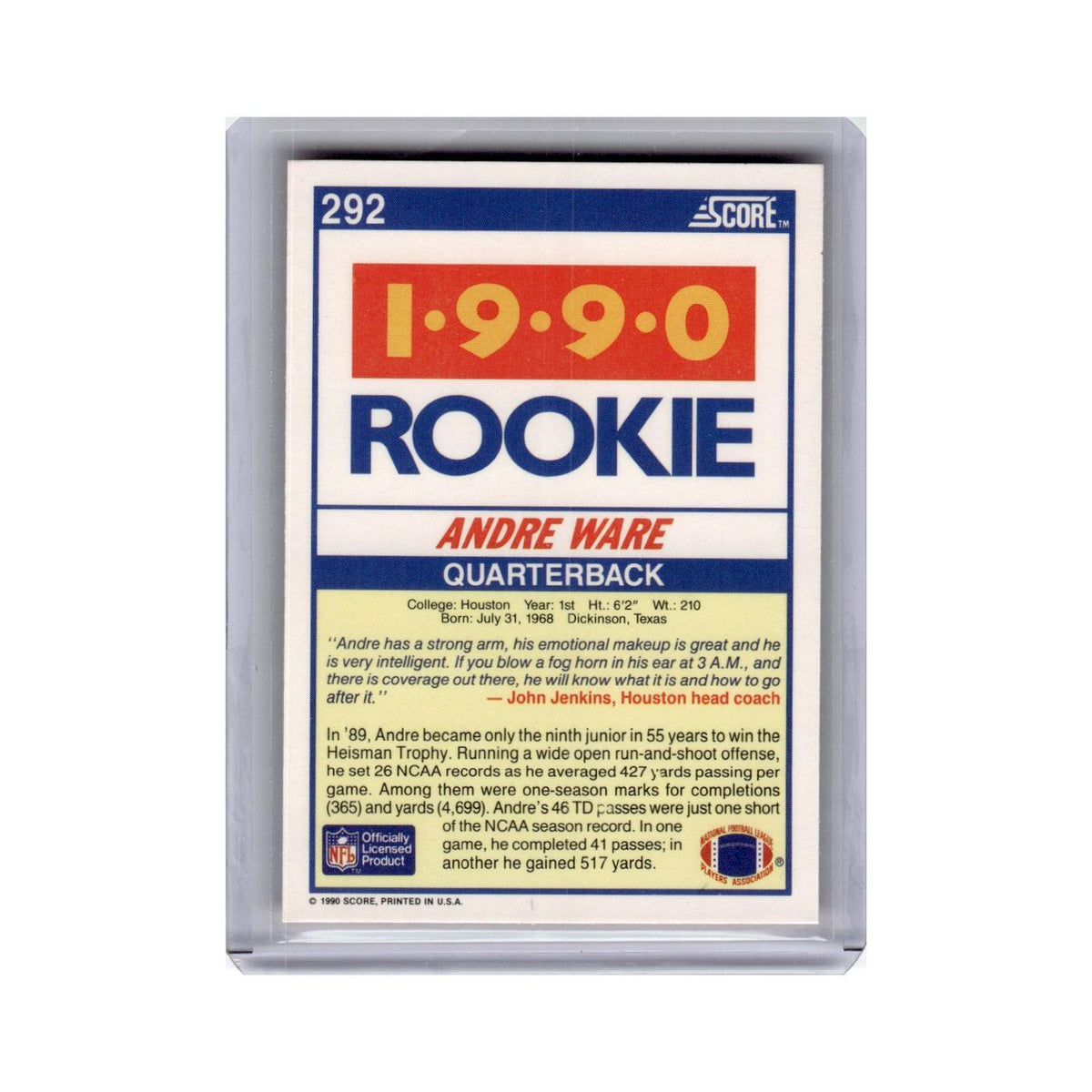 Andre Ware Rookie 1990 Score #292 Houston Cougars Football Card NM