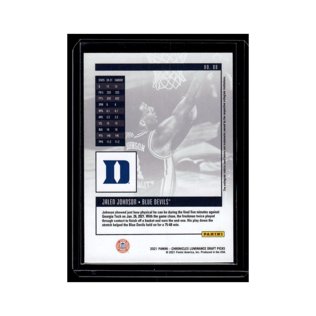 Jalen Johnson Rookie 2021 Panini Chronicles Luminance Draft Picks #88 NM