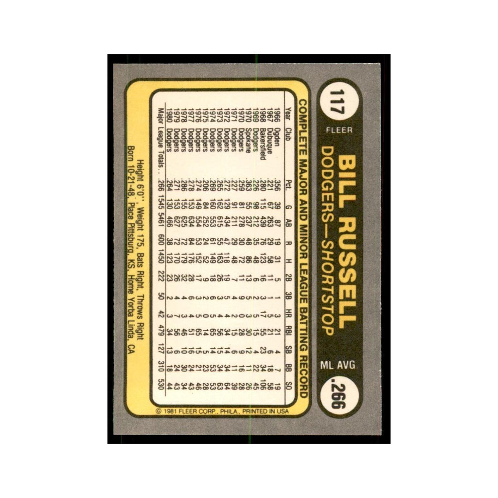 1981 Fleer Bill Russell Baseball Cards #117