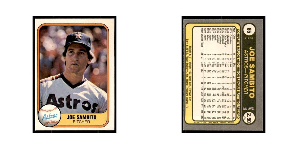 1981 Fleer Joe Sambito Baseball Cards #65