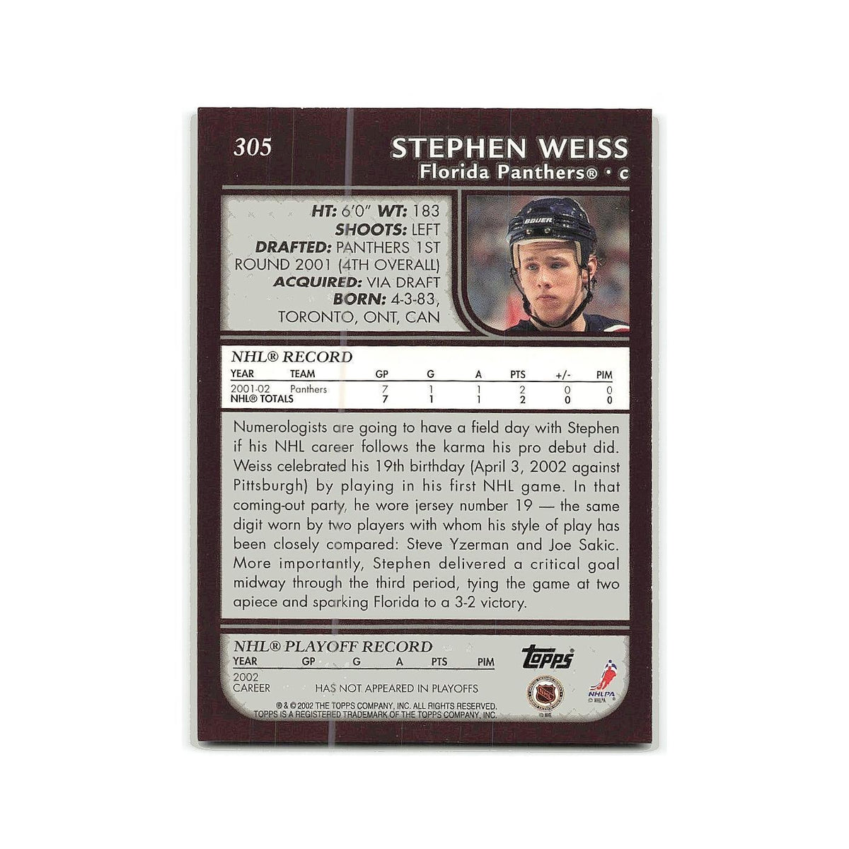 Stephen Weiss 2002 Topps #305 Florida Panthers Hockey Card NM