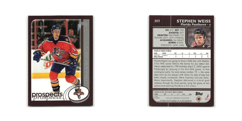 Stephen Weiss 2002 Topps #305 Florida Panthers Hockey Card NM