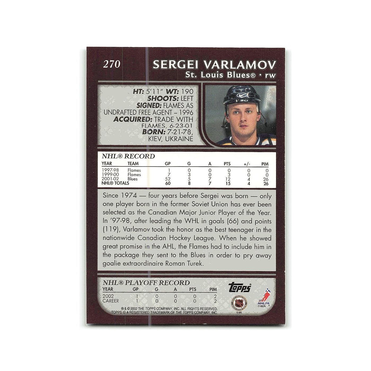 Sergei Varlamov 2002 Topps #270 St. Louis Blues Hockey Card NM