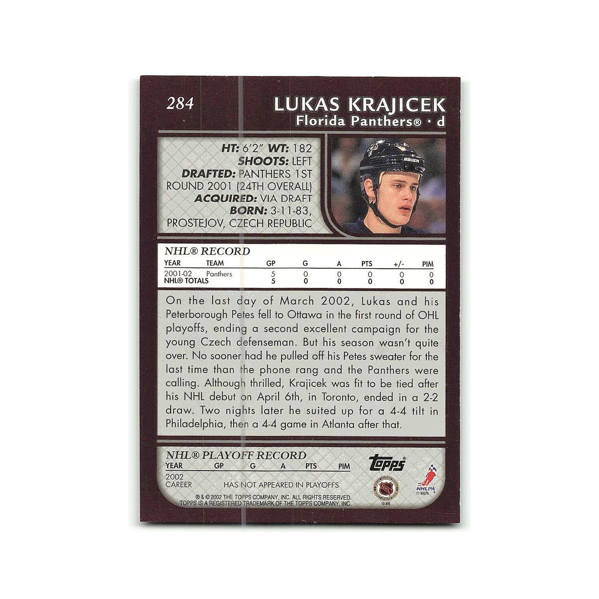 Lukas Krajicek 2002 Topps #284 Florida Panthers Hockey Card NM