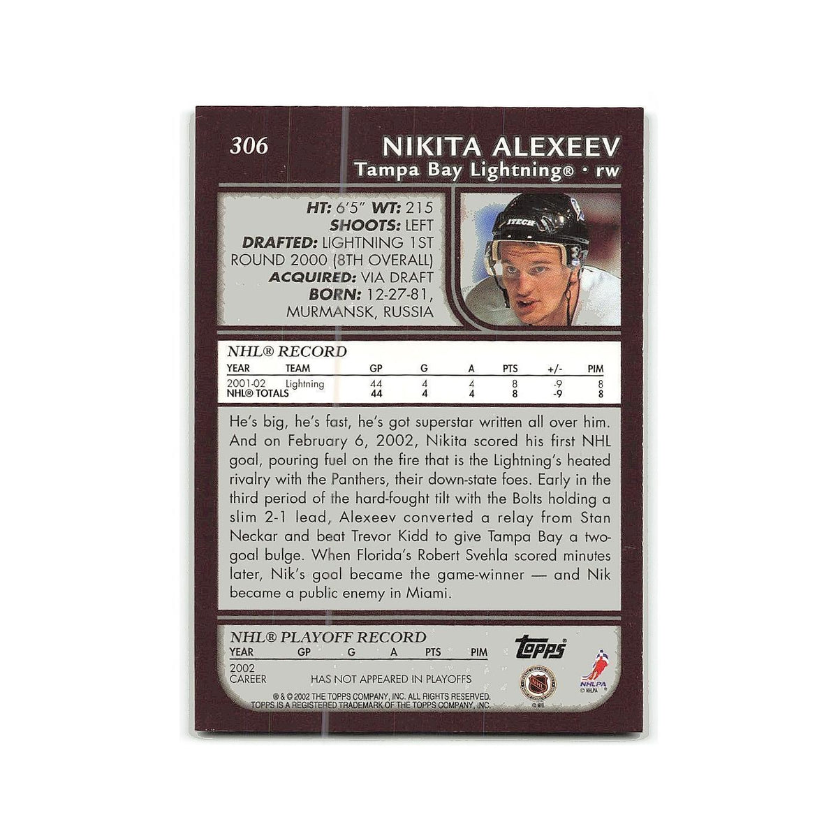 Nikita Alexeev 2002 Topps #306 Tampa Bay Lightning Hockey Card NM