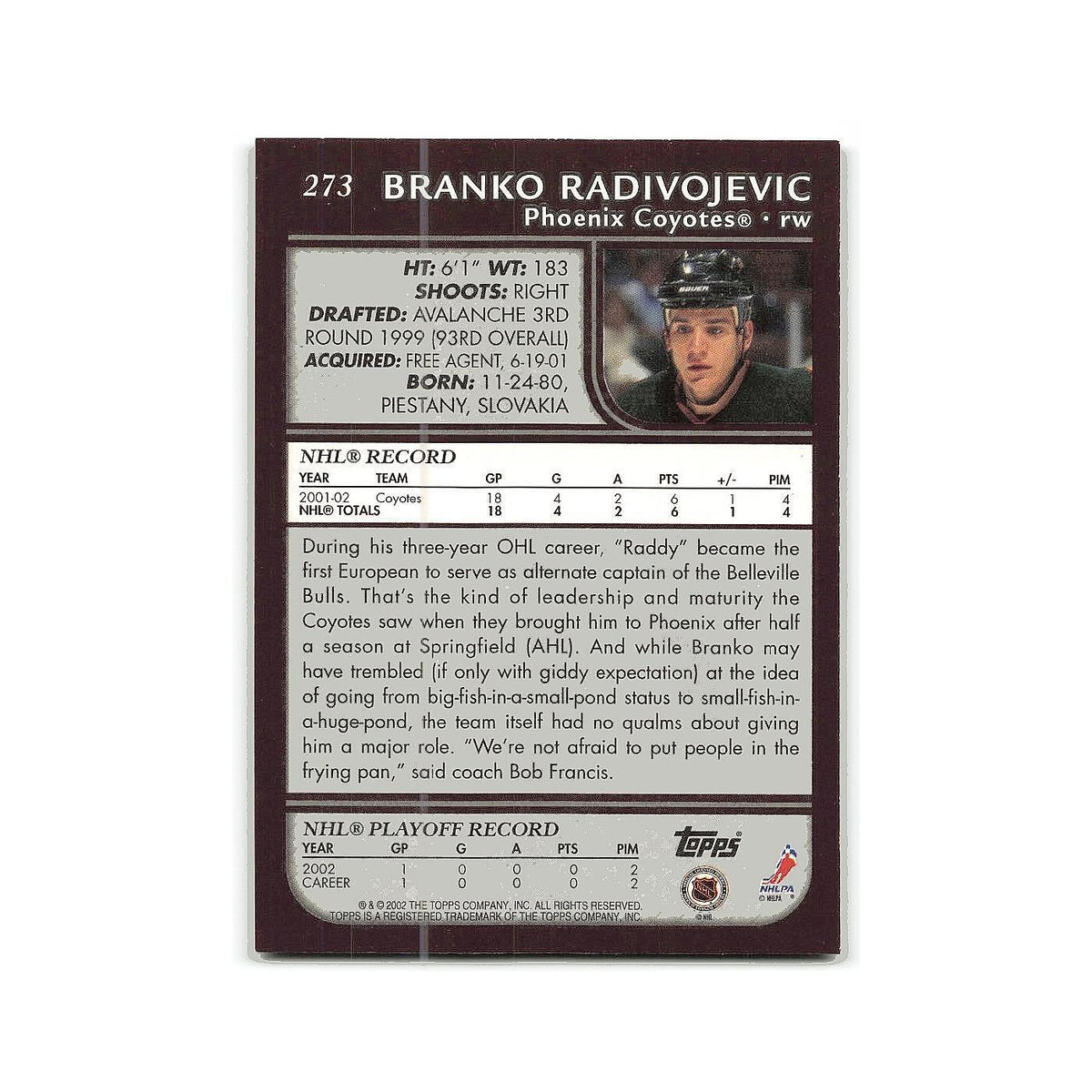 Branko Radivojevic 2002 Topps #273 Phoenix Coyotes Hockey Card NM