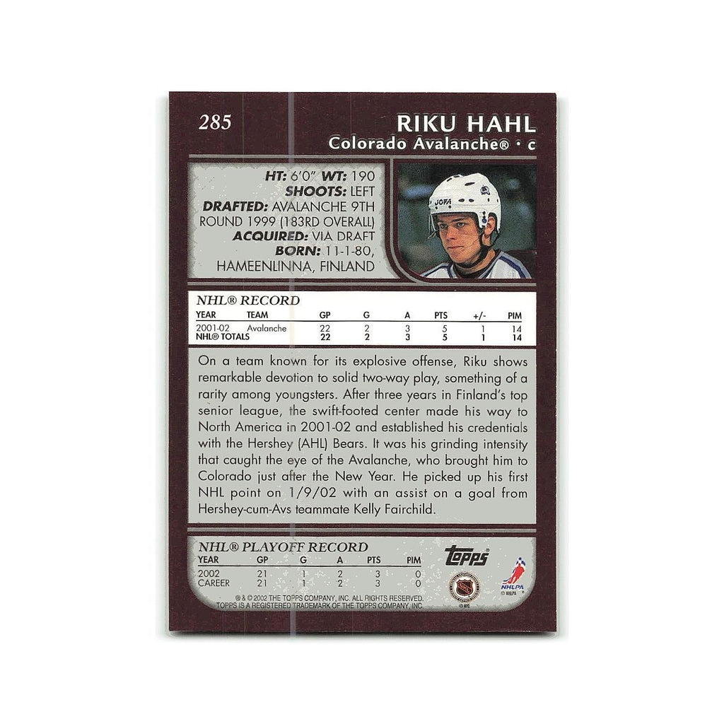 Riku Hahl 2002 Topps #285 Colorado Avalanche Hockey Card NM