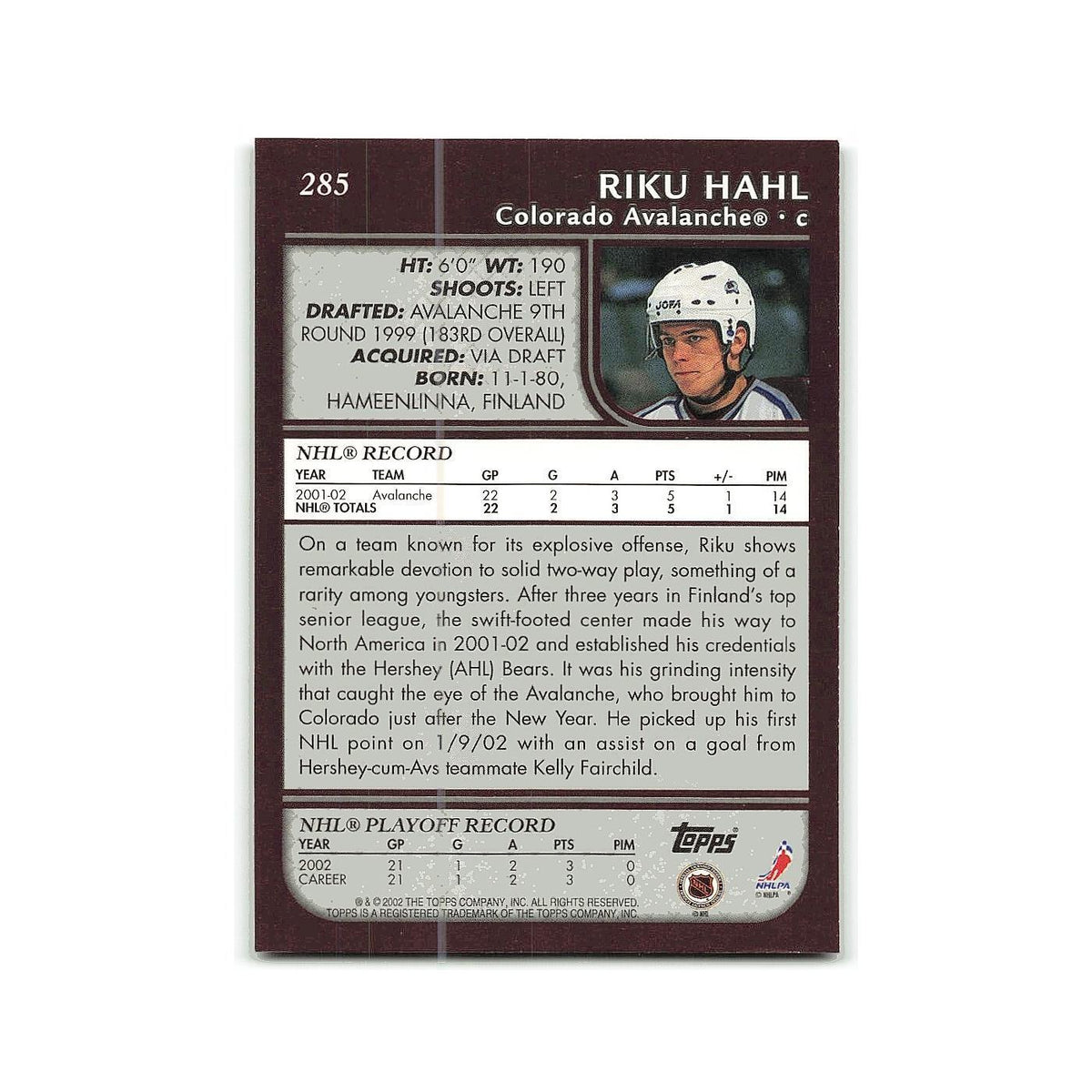 Riku Hahl 2002 Topps #285 Colorado Avalanche Hockey Card NM