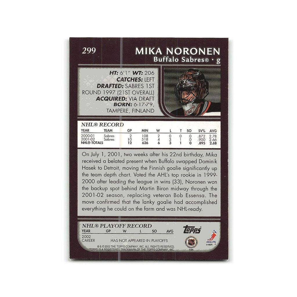 Mika Noronen 2002 Topps #299 Buffalo Sabres Hockey Card NM