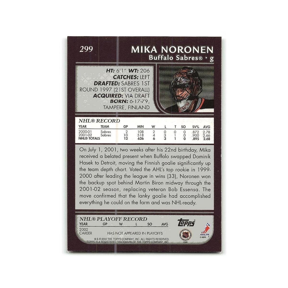 Mika Noronen 2002 Topps #299 Buffalo Sabres Hockey Card NM