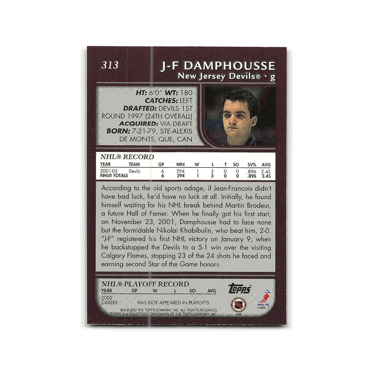 J-F Damphousse 2002 Topps #313 New Jersey Devils Hockey Card NM
