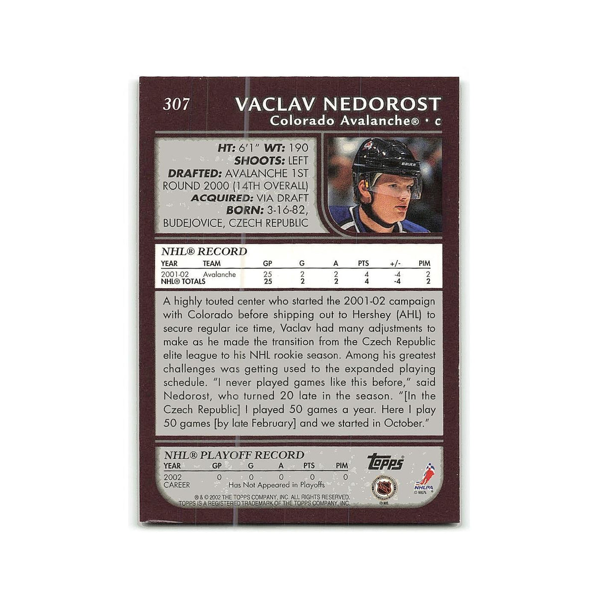 Vaclav Nedorost 2002 Topps #307 Colorado Avalanche Hockey Card NM
